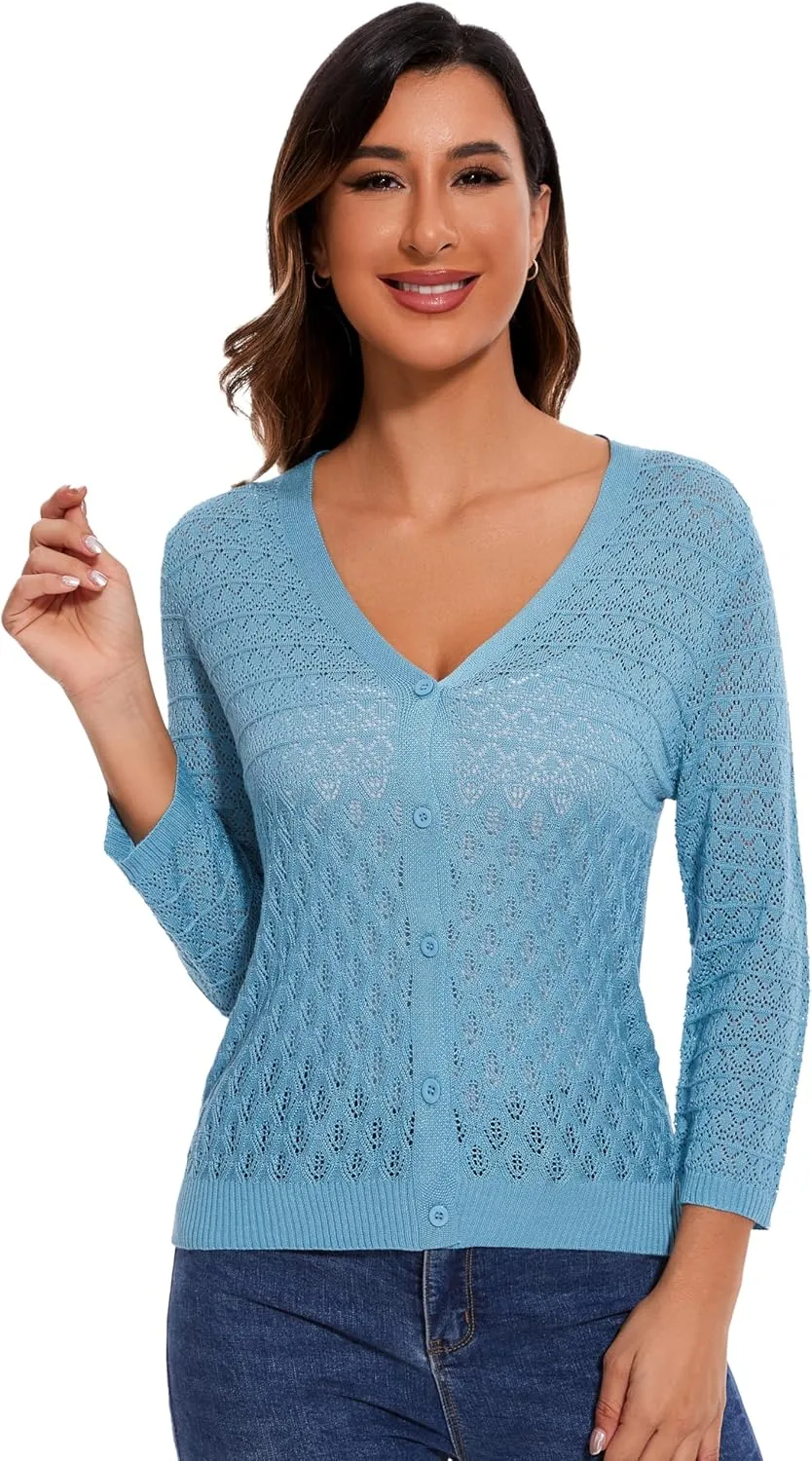 Women's Lightweight Crochet Cardigan 3/4 Sleeve Cropped V Neck Button Shrug Knit Sweater Tops