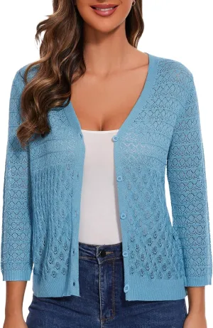 Women's Lightweight Crochet Cardigan 3/4 Sleeve Cropped V Neck Button Shrug Knit Sweater Tops
