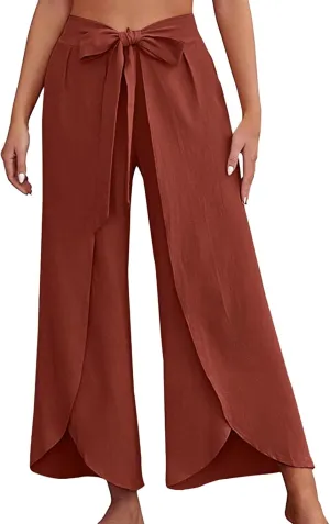 Women's Linen Blend Summer Casual Pants Elastic Waist Bootcut Slim Fit Palazzo Lounge Pants Trendy