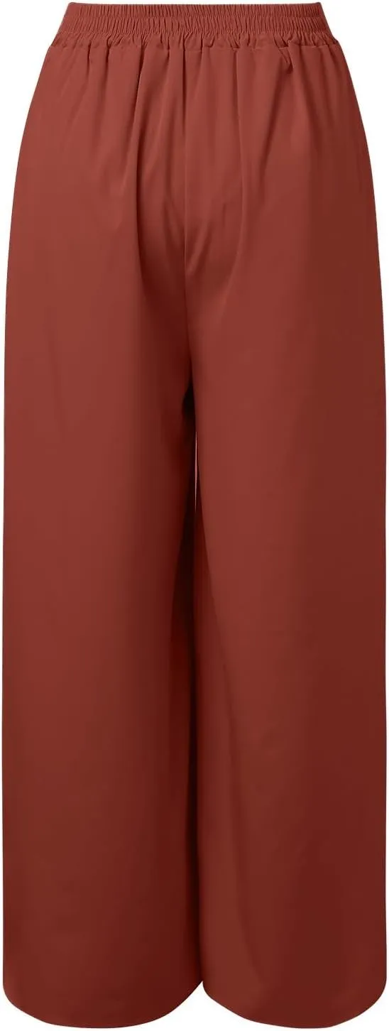 Women's Linen Blend Summer Casual Pants Elastic Waist Bootcut Slim Fit Palazzo Lounge Pants Trendy