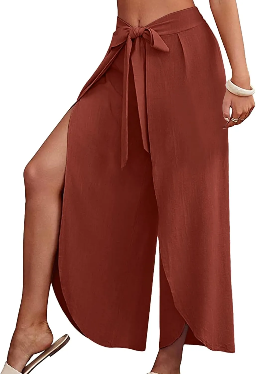 Women's Linen Blend Summer Casual Pants Elastic Waist Bootcut Slim Fit Palazzo Lounge Pants Trendy