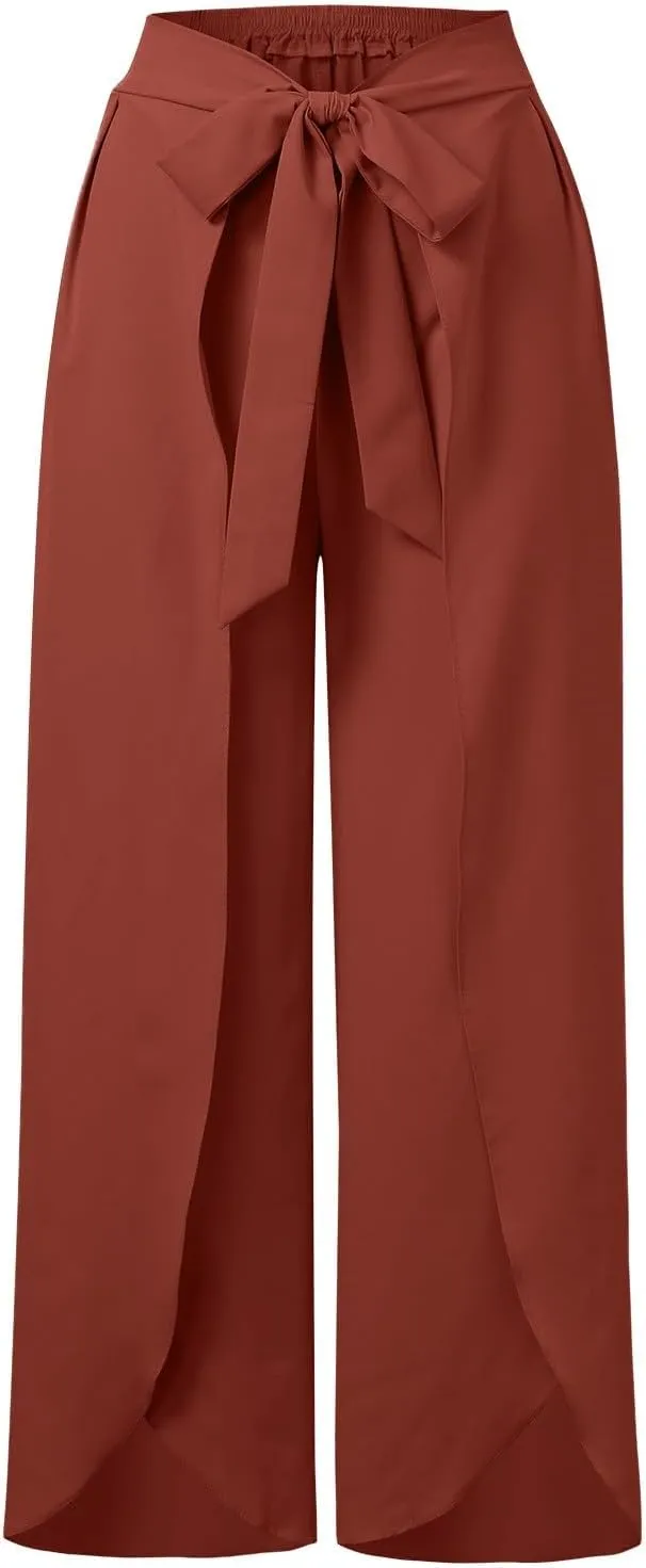 Women's Linen Blend Summer Casual Pants Elastic Waist Bootcut Slim Fit Palazzo Lounge Pants Trendy