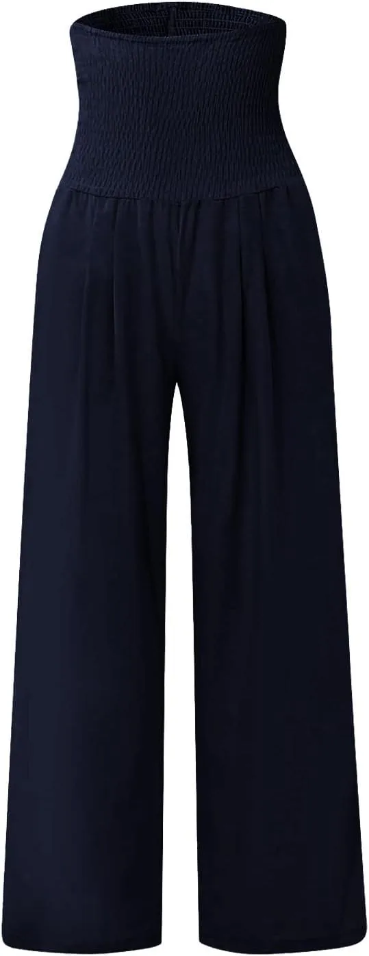 Women's Linen Blend Summer Cropped Pants Low Waist Wide Leg Slim Fit Palazzo Lounge Pants Vacation
