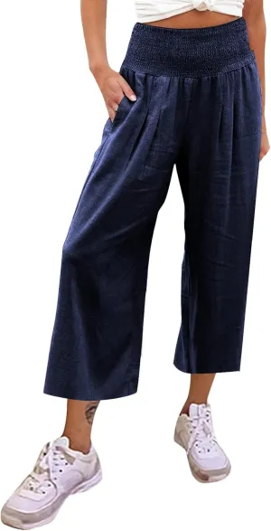 Women's Linen Blend Summer Cropped Pants Low Waist Wide Leg Slim Fit Palazzo Lounge Pants Vacation