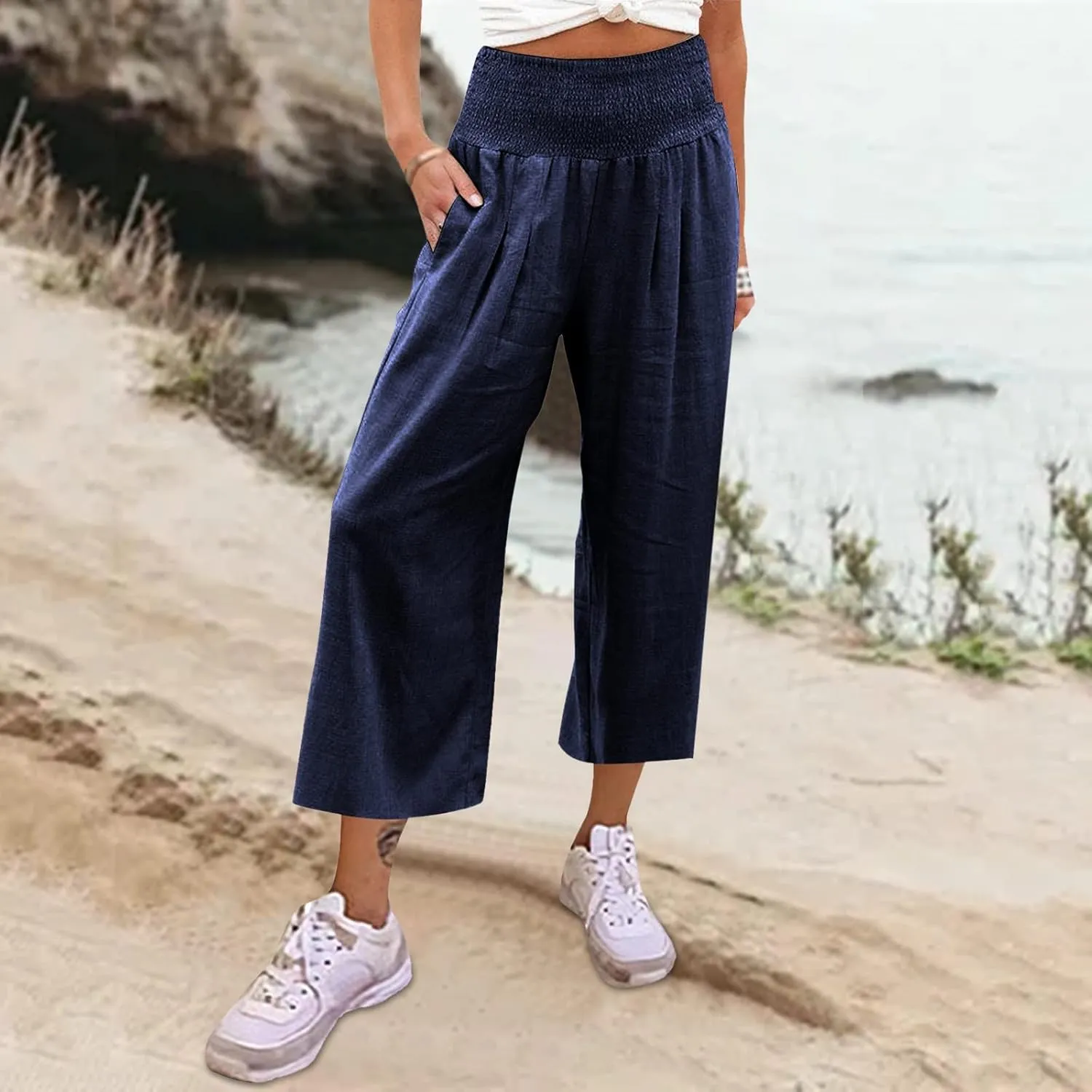 Women's Linen Blend Summer Cropped Pants Low Waist Wide Leg Slim Fit Palazzo Lounge Pants Vacation