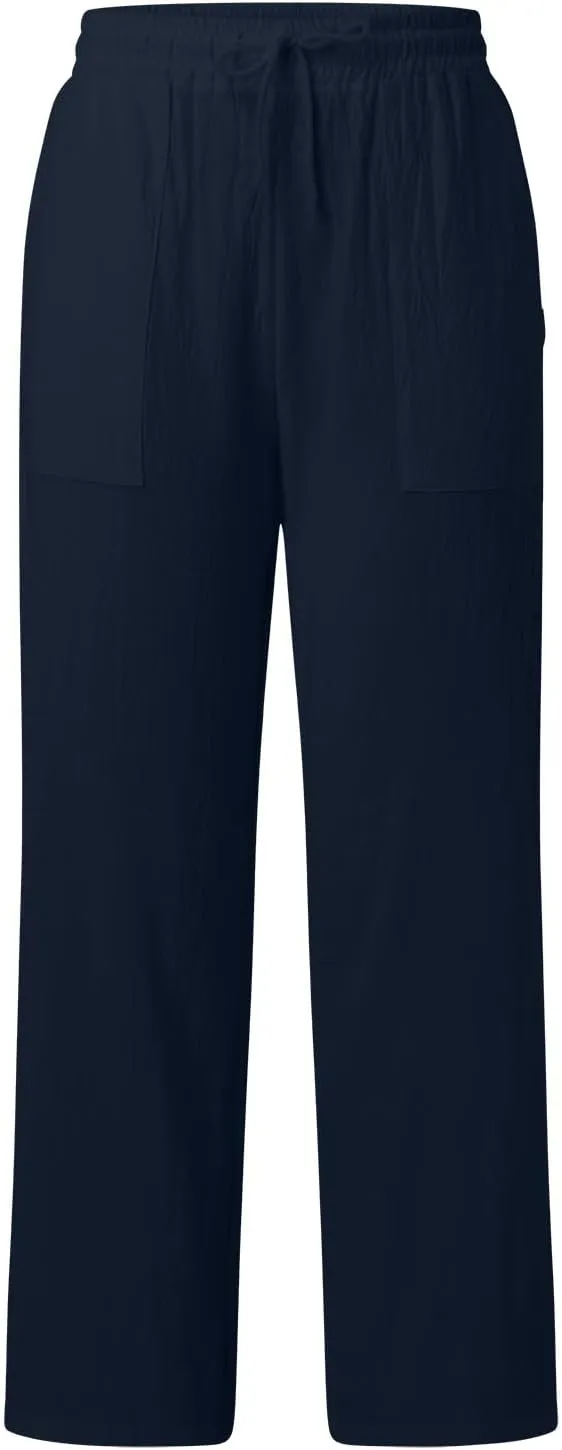 Women's Linen Blend Summer Flowy Pants Low Waist Stretchy Straight Slim Fit Palazzo Pants Work Business