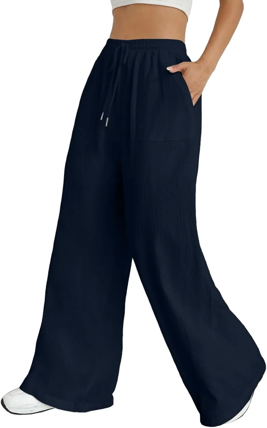Women's Linen Blend Summer Flowy Pants Low Waist Stretchy Straight Slim Fit Palazzo Pants Work Business