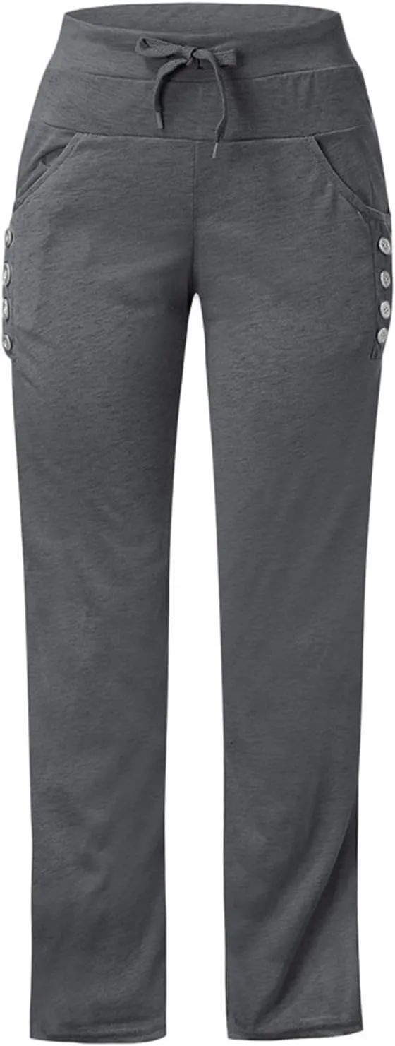 Women's Linen Blend Summer Pull On Pants Low Waist Ankle Length Slim Fit Trousers Travel