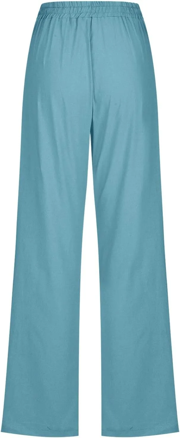 Women's Linen Blend Summer Tie Knot Pant Trousers High Waist Baggy Stretchy Loose Fit Trouser Work Business