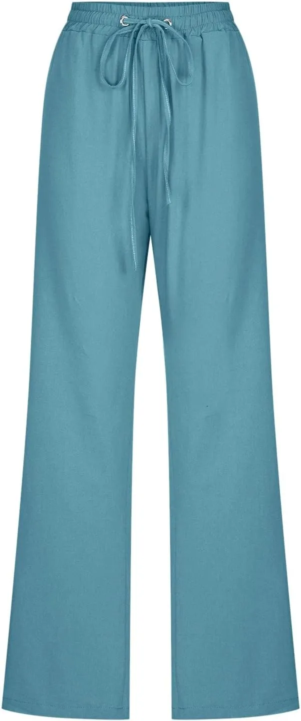 Women's Linen Blend Summer Tie Knot Pant Trousers High Waist Baggy Stretchy Loose Fit Trouser Work Business