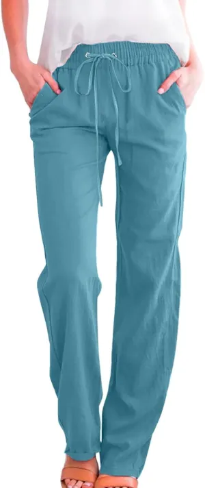 Women's Linen Blend Summer Tie Knot Pant Trousers High Waist Baggy Stretchy Loose Fit Trouser Work Business