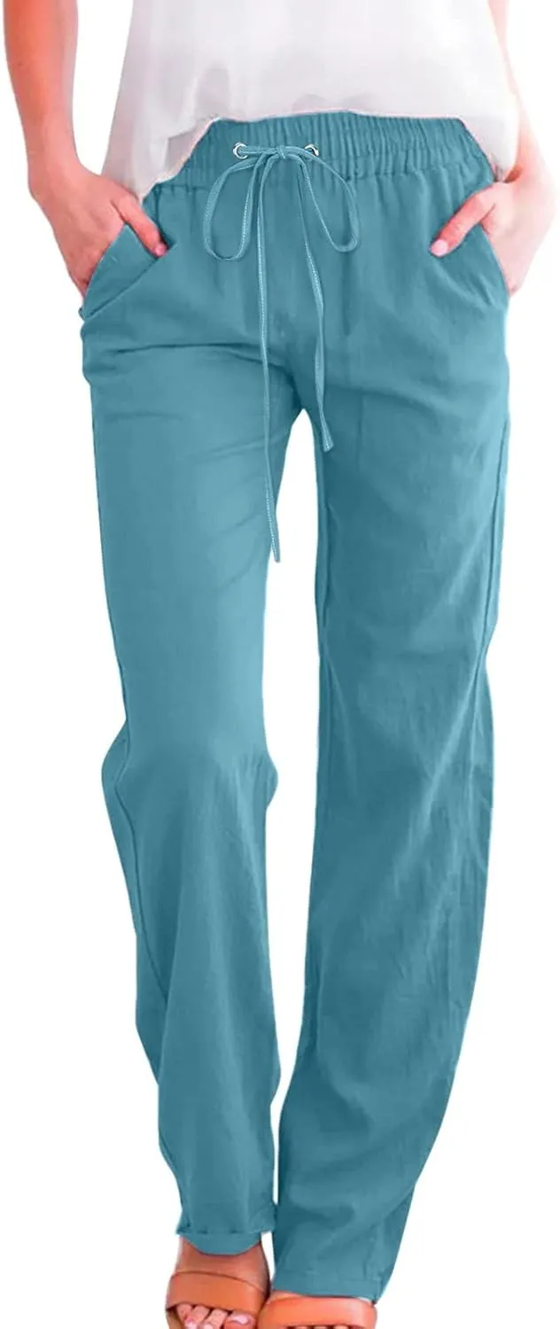Women's Linen Blend Summer Tie Knot Pant Trousers High Waist Baggy Stretchy Loose Fit Trouser Work Business