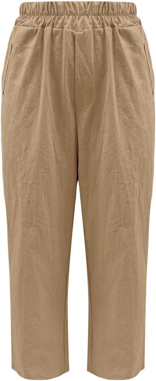 Women's Linen Boho Pants Loose Elastic Waist Wide Leg Lounge Harem Pants Summer Casual Beach Travel Vacation Trousers