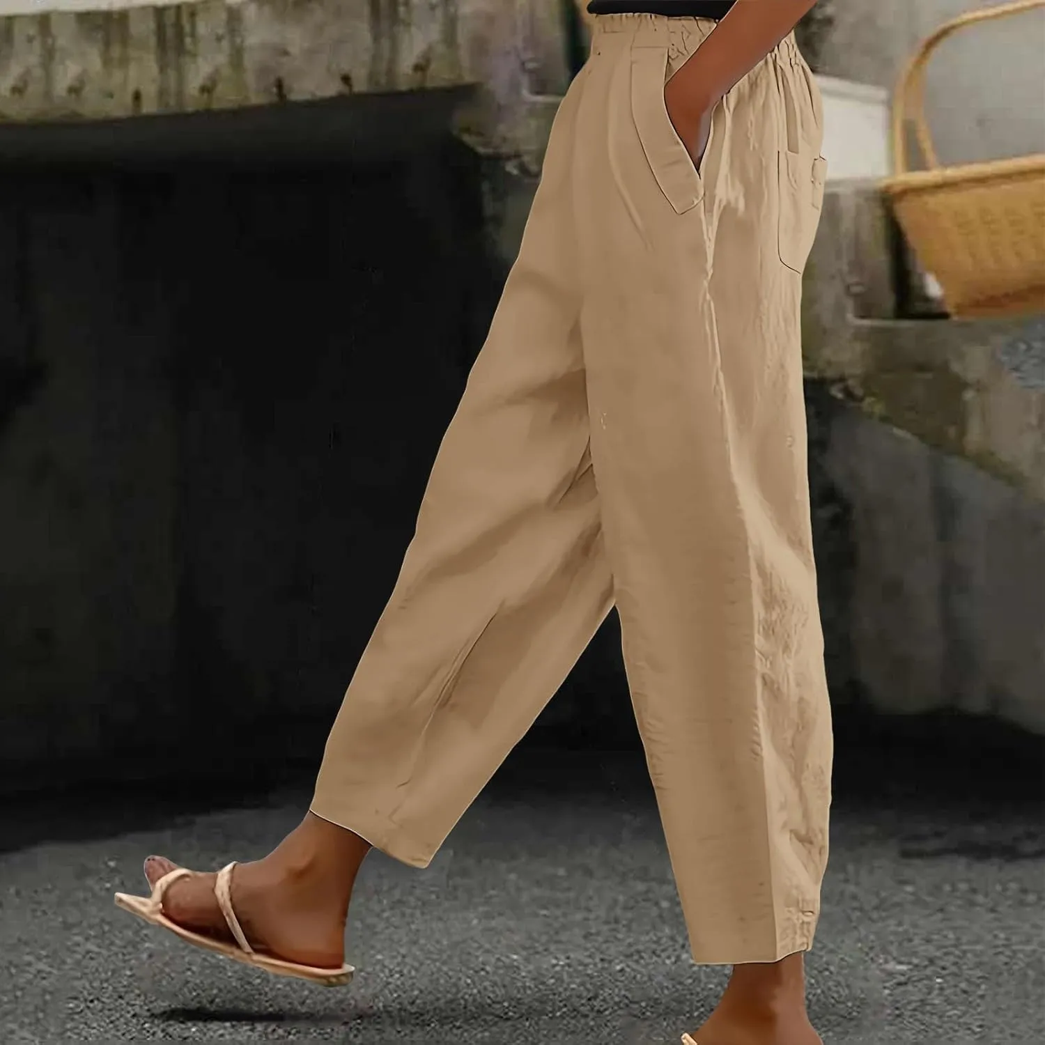 Women's Linen Boho Pants Loose Elastic Waist Wide Leg Lounge Harem Pants Summer Casual Beach Travel Vacation Trousers