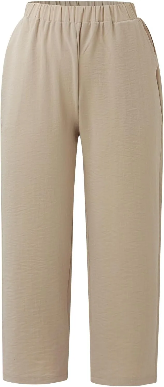 Women's Linen Capri Pants Casual Summer High Waist Cropped Wide Leg Lounge Comfy Yoga Trousers with Pockets Beach