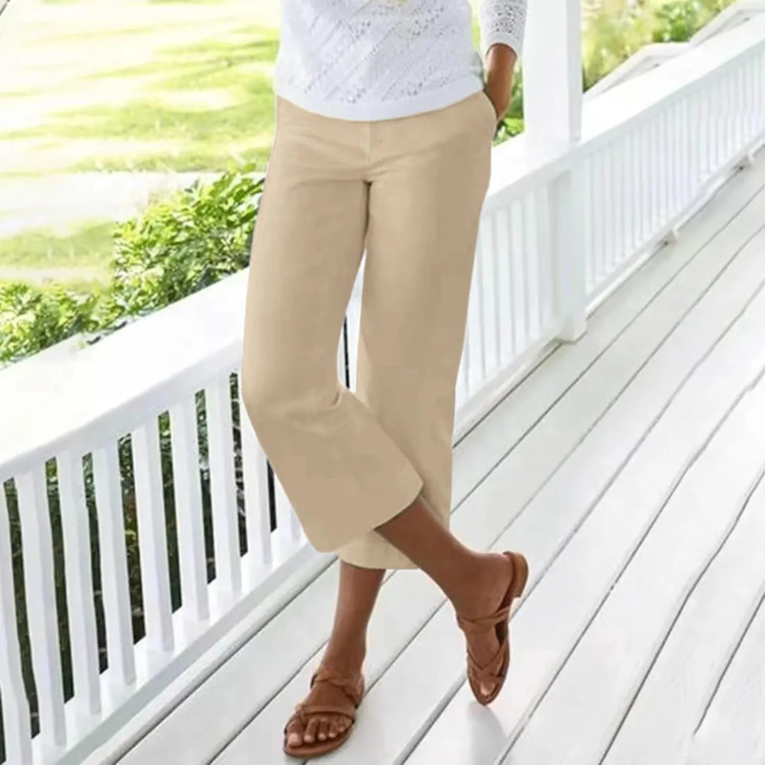 Women's Linen Capri Pants Casual Summer High Waist Cropped Wide Leg Lounge Comfy Yoga Trousers with Pockets Beach
