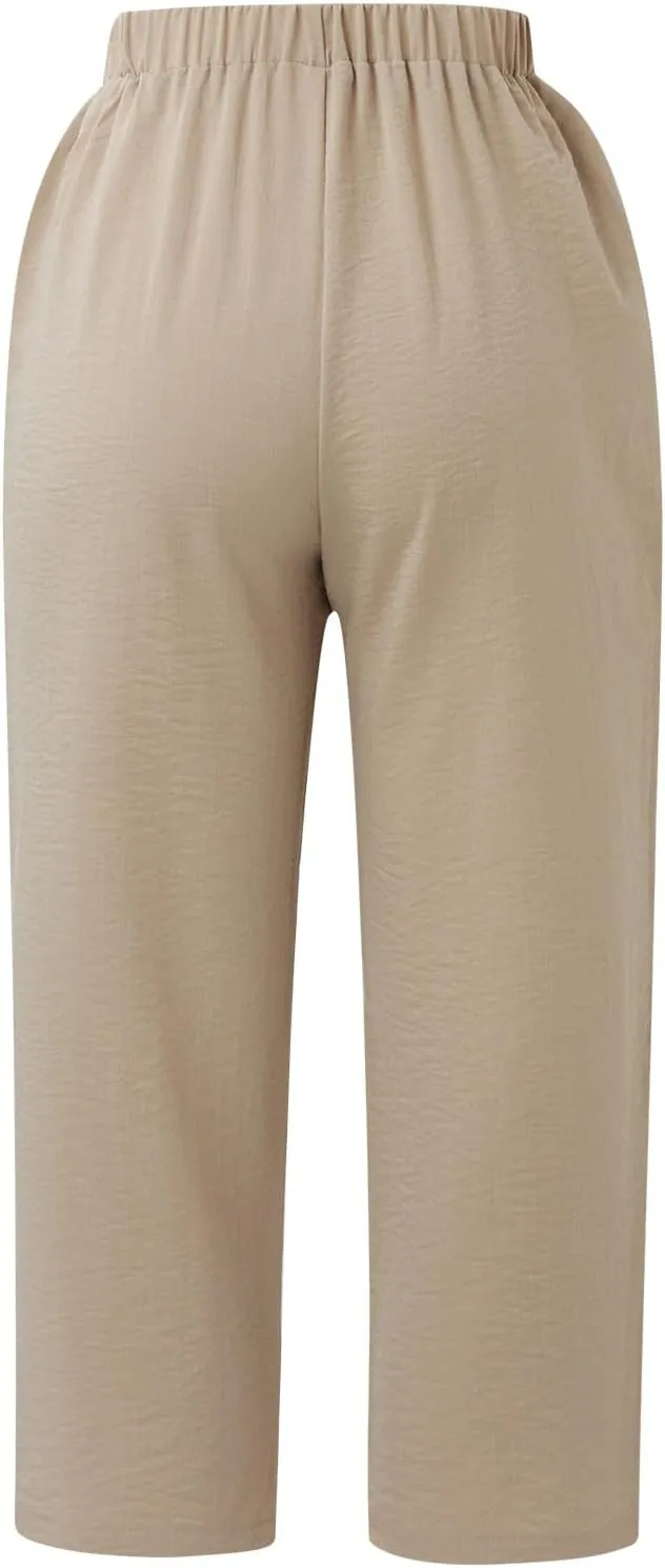Women's Linen Capri Pants Casual Summer High Waist Cropped Wide Leg Lounge Comfy Yoga Trousers with Pockets Beach