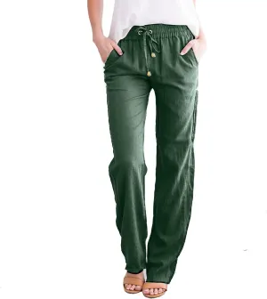 Women's Linen Pants Casual High Waist Pants Drawstring Loose Fit Summer Pants Solid Lounge Long Trousers with Side Pockets