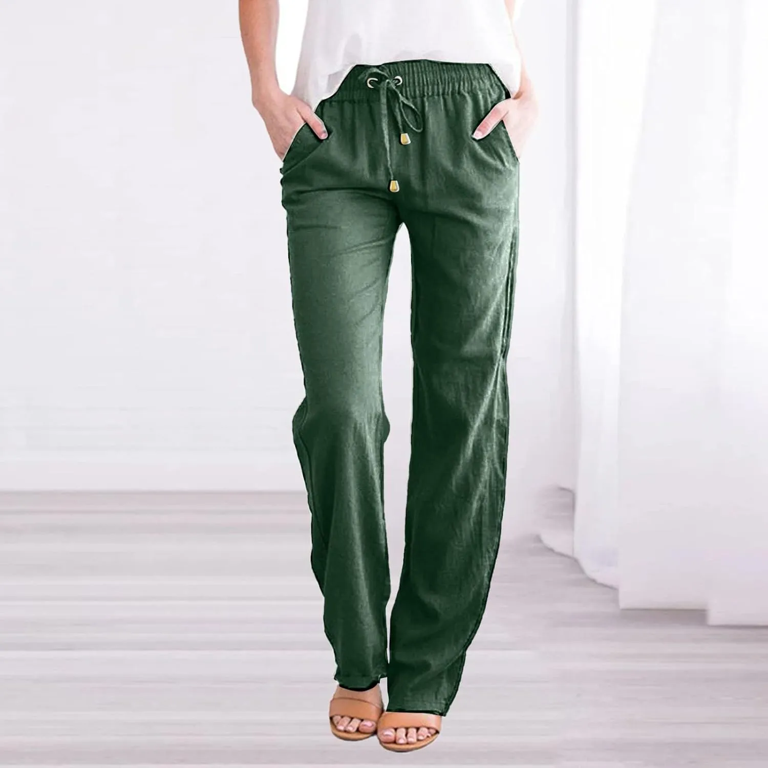 Women's Linen Pants Casual High Waist Pants Drawstring Loose Fit Summer Pants Solid Lounge Long Trousers with Side Pockets