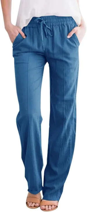 Women's Linen Pants Elastic High Waisted Straight Leg Trousers Pants Loose Fit Casual Summer Dress Pants with Pockets