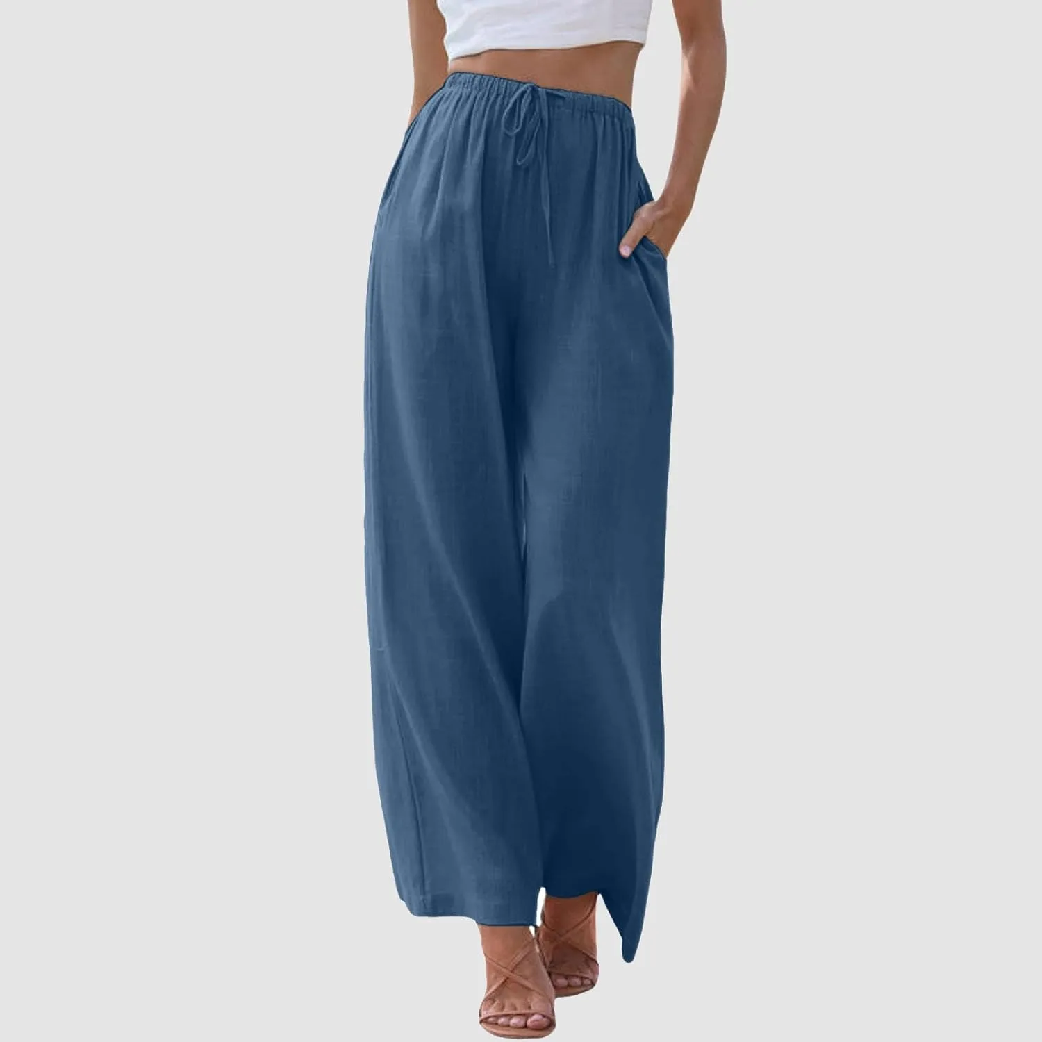 Women's Linen Pants Flowy Summer Palazzo Pant High Waist Wide Leg Beach Trousers with Pockets