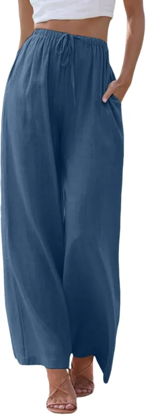 Women's Linen Pants Flowy Summer Palazzo Pant High Waist Wide Leg Beach Trousers with Pockets