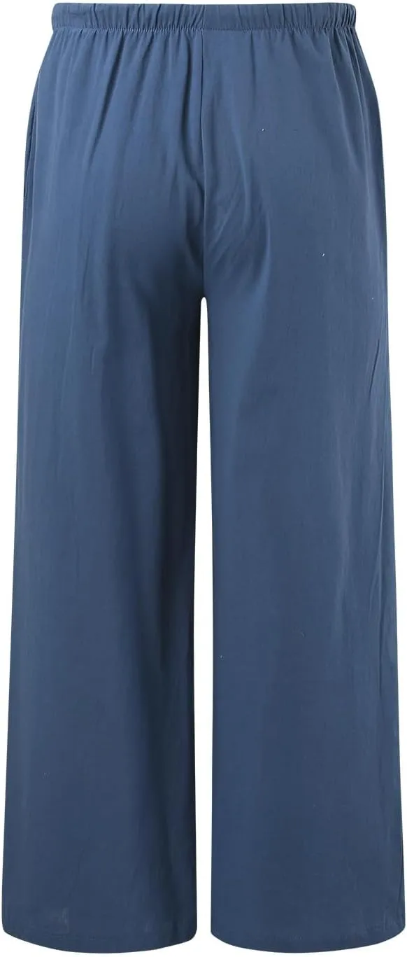 Women's Linen Pants Flowy Summer Palazzo Pant High Waist Wide Leg Beach Trousers with Pockets
