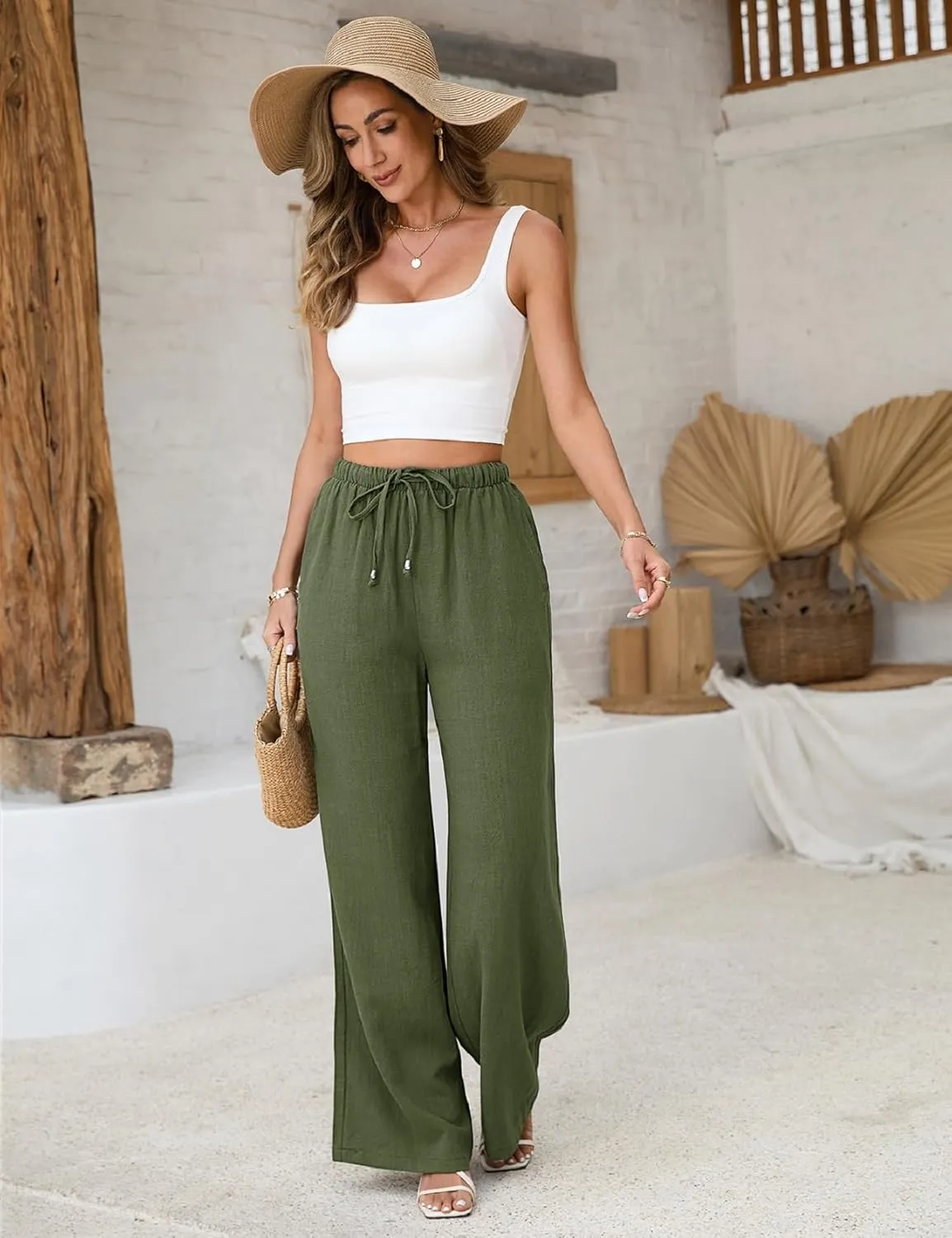 Womens Linen Pants High Waist Wide Leg Pant Casual Summer Palazzo Pants Loose Flowy Beach Trousers with Pockets