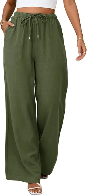 Womens Linen Pants High Waist Wide Leg Pant Casual Summer Palazzo Pants Loose Flowy Beach Trousers with Pockets