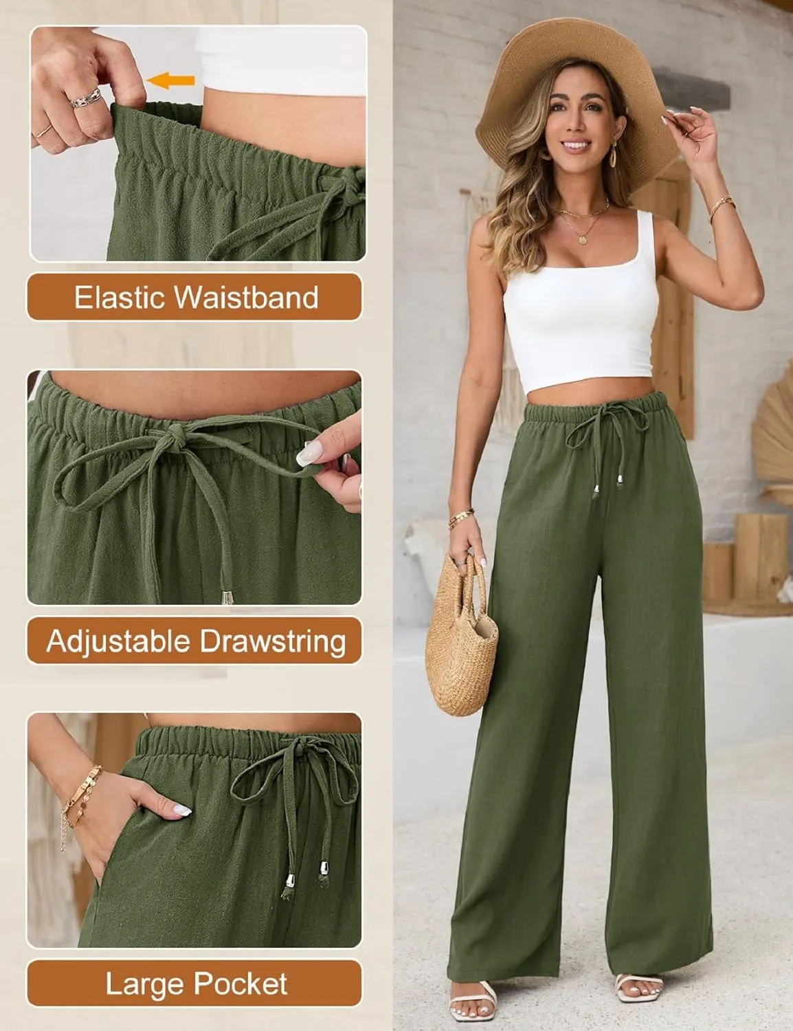 Womens Linen Pants High Waist Wide Leg Pant Casual Summer Palazzo Pants Loose Flowy Beach Trousers with Pockets