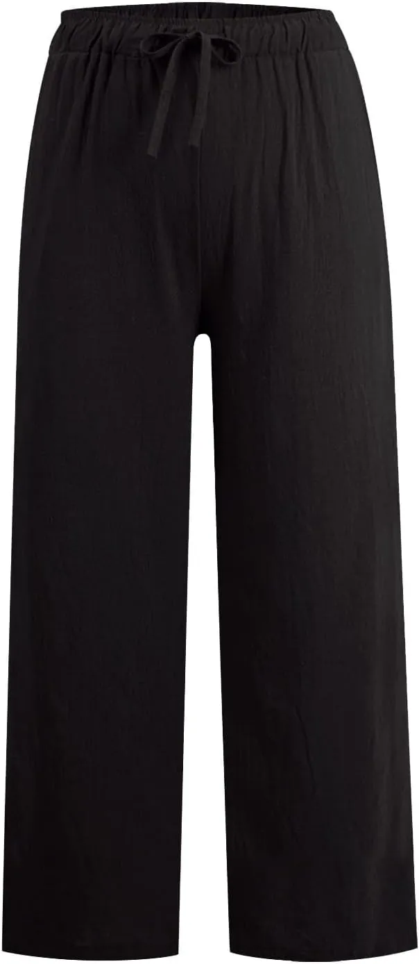 Womens Linen Pants Summer Boho Drawstring Elastic Flowy High Waist Casual Loose Fit Wide Leg Pants