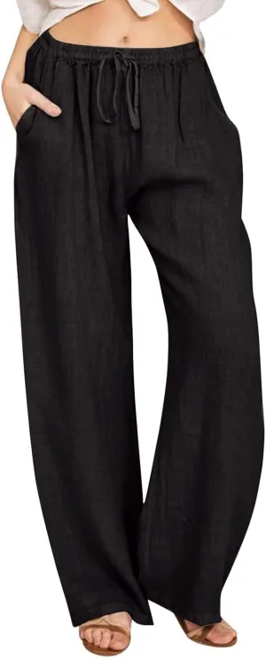 Womens Linen Pants Summer Boho Drawstring Elastic Flowy High Waist Casual Loose Fit Wide Leg Pants