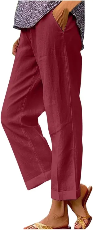 Womens Linen Pants with Pockets Casual Ankle Pant High Waist Comfy Lightweight Loose Trousers Beach Cropped Pants