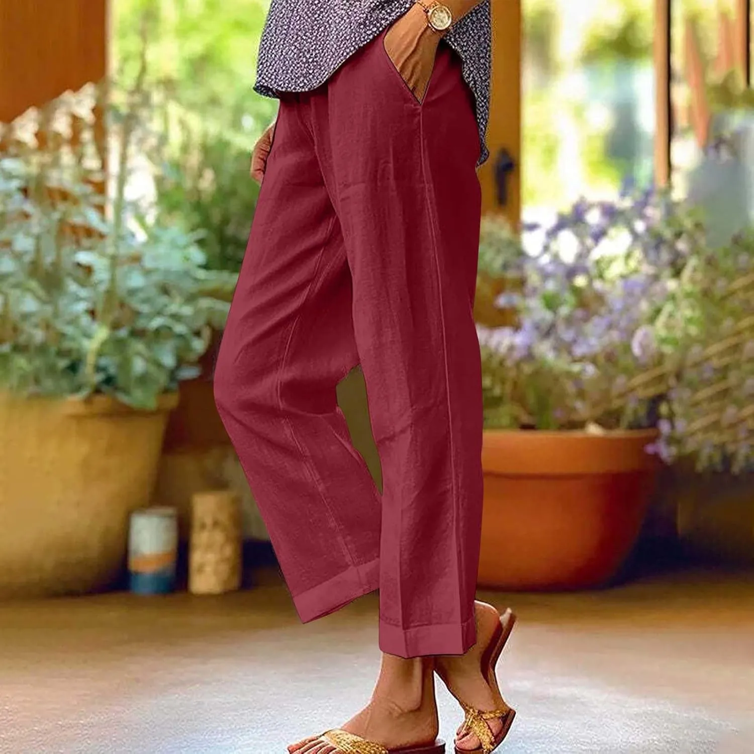 Womens Linen Pants with Pockets Casual Ankle Pant High Waist Comfy Lightweight Loose Trousers Beach Cropped Pants
