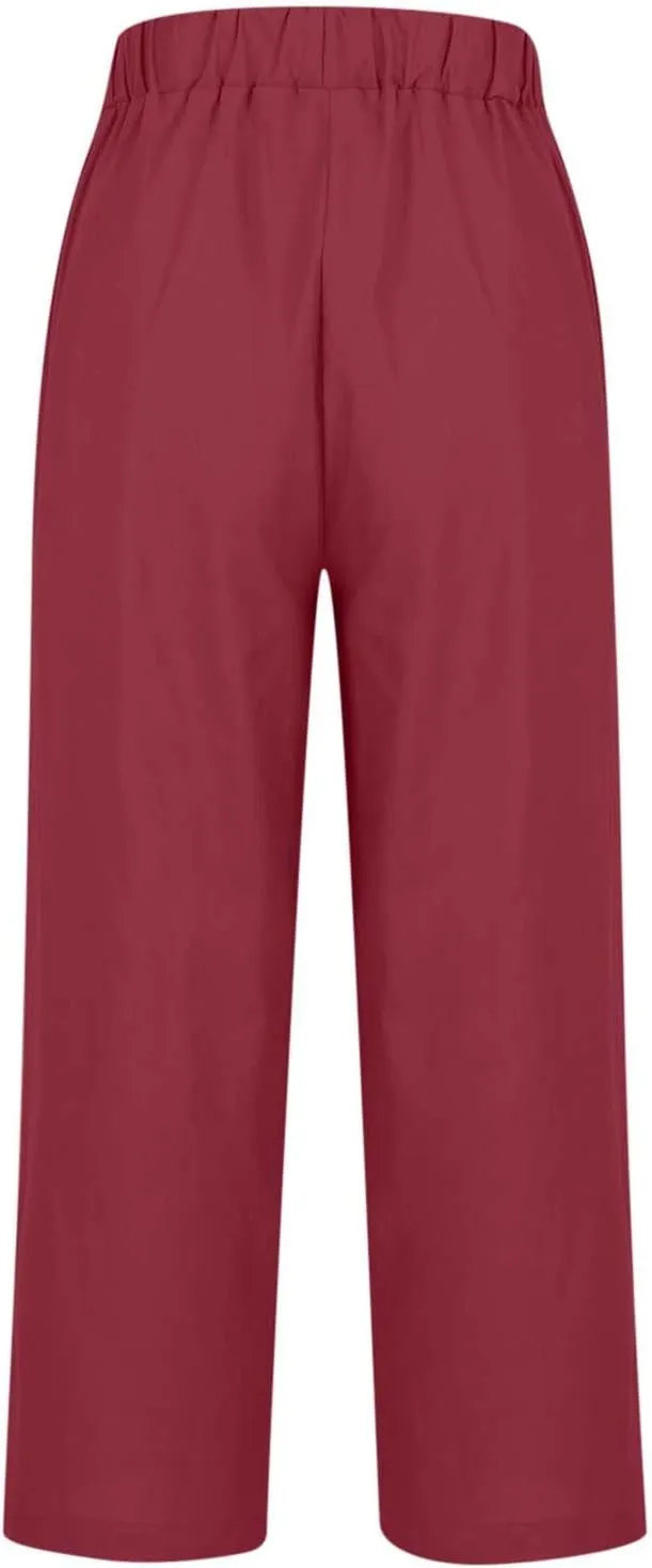 Womens Linen Pants with Pockets Casual Ankle Pant High Waist Comfy Lightweight Loose Trousers Beach Cropped Pants