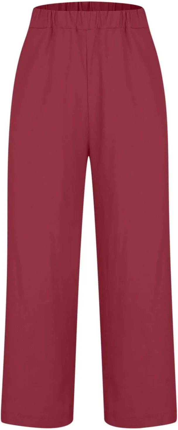 Womens Linen Pants with Pockets Casual Ankle Pant High Waist Comfy Lightweight Loose Trousers Beach Cropped Pants