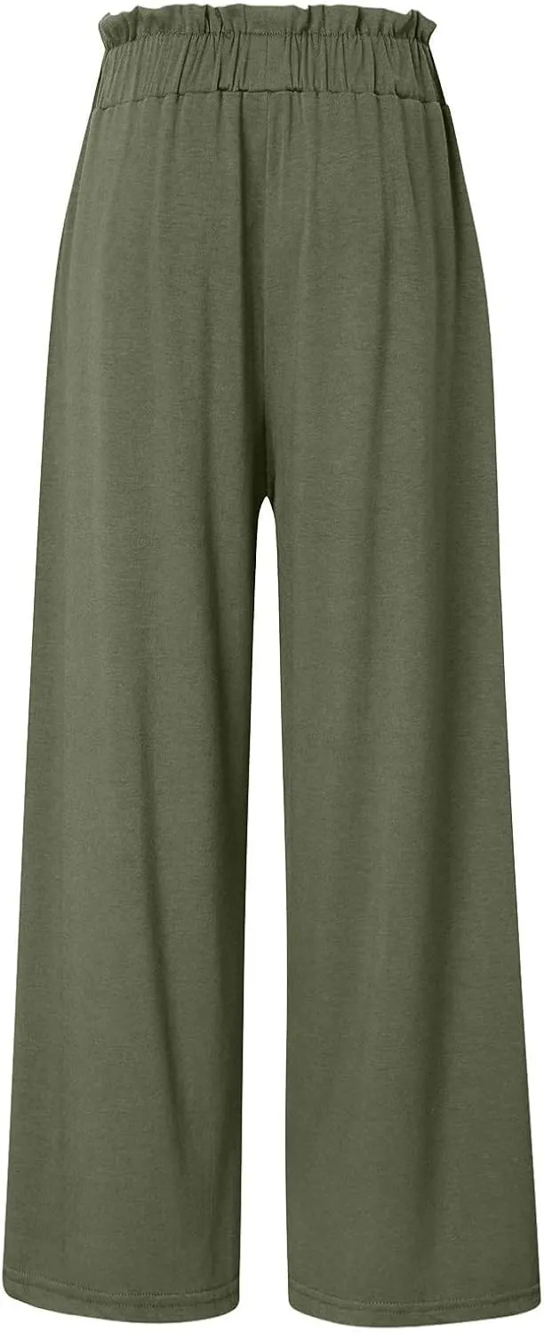 Womens Linen Summer Printed Palazzo Lounge Pants Elastic Waisted Straight Plus Size Palazzo Pants Vacation