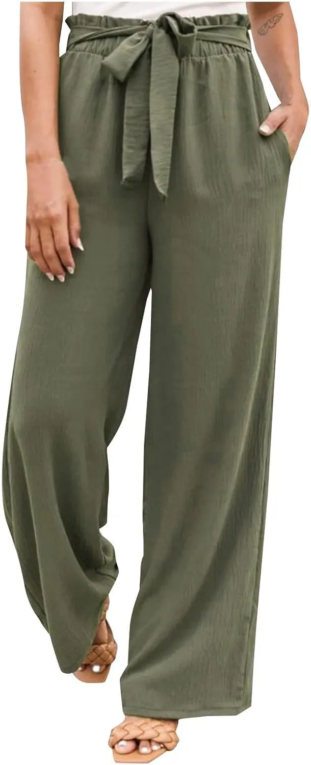 Womens Linen Summer Printed Palazzo Lounge Pants Elastic Waisted Straight Plus Size Palazzo Pants Vacation