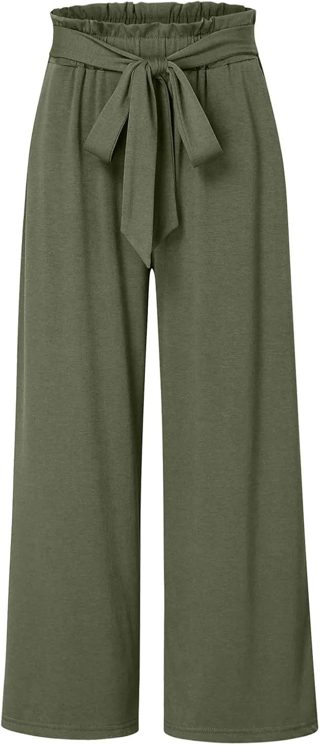 Womens Linen Summer Printed Palazzo Lounge Pants Elastic Waisted Straight Plus Size Palazzo Pants Vacation