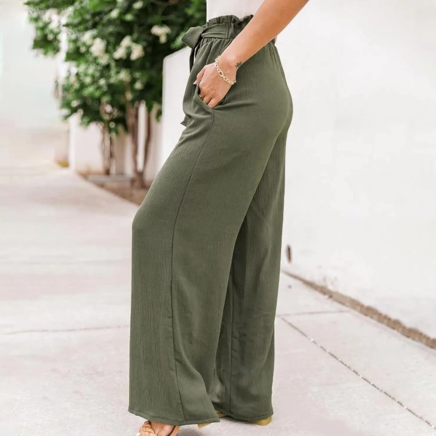Womens Linen Summer Printed Palazzo Lounge Pants Elastic Waisted Straight Plus Size Palazzo Pants Vacation