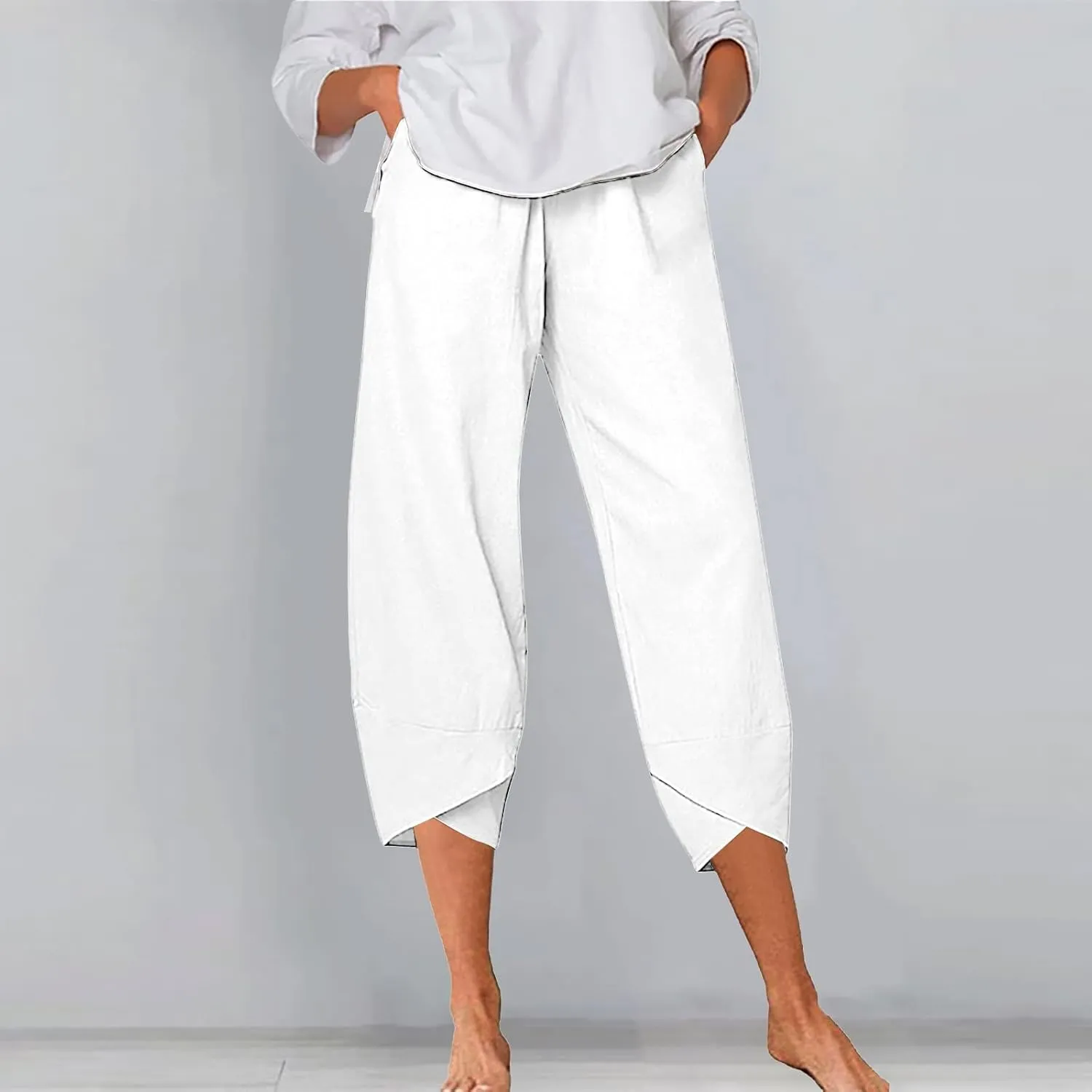 Women's Linen Summer Printed Pant Trousers Low Waist Wide Leg Plus Size Palazzo Pants Travel