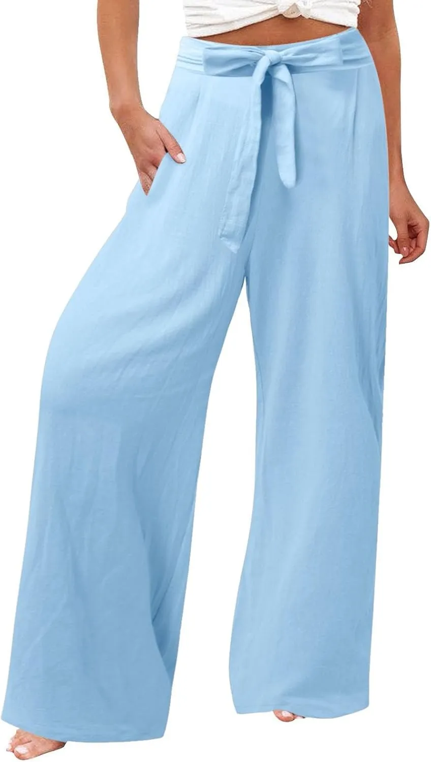 Women's Linen Summer Split Flowy Palazzo Lounge Pants Elastic Waisted Ankle Length Slim Fit Palazzo Lounge