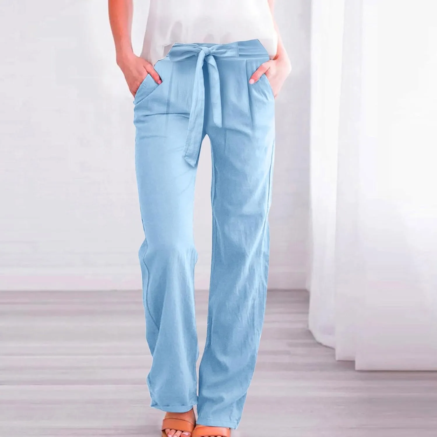 Women's Linen Summer Split Flowy Palazzo Lounge Pants Elastic Waisted Ankle Length Slim Fit Palazzo Lounge