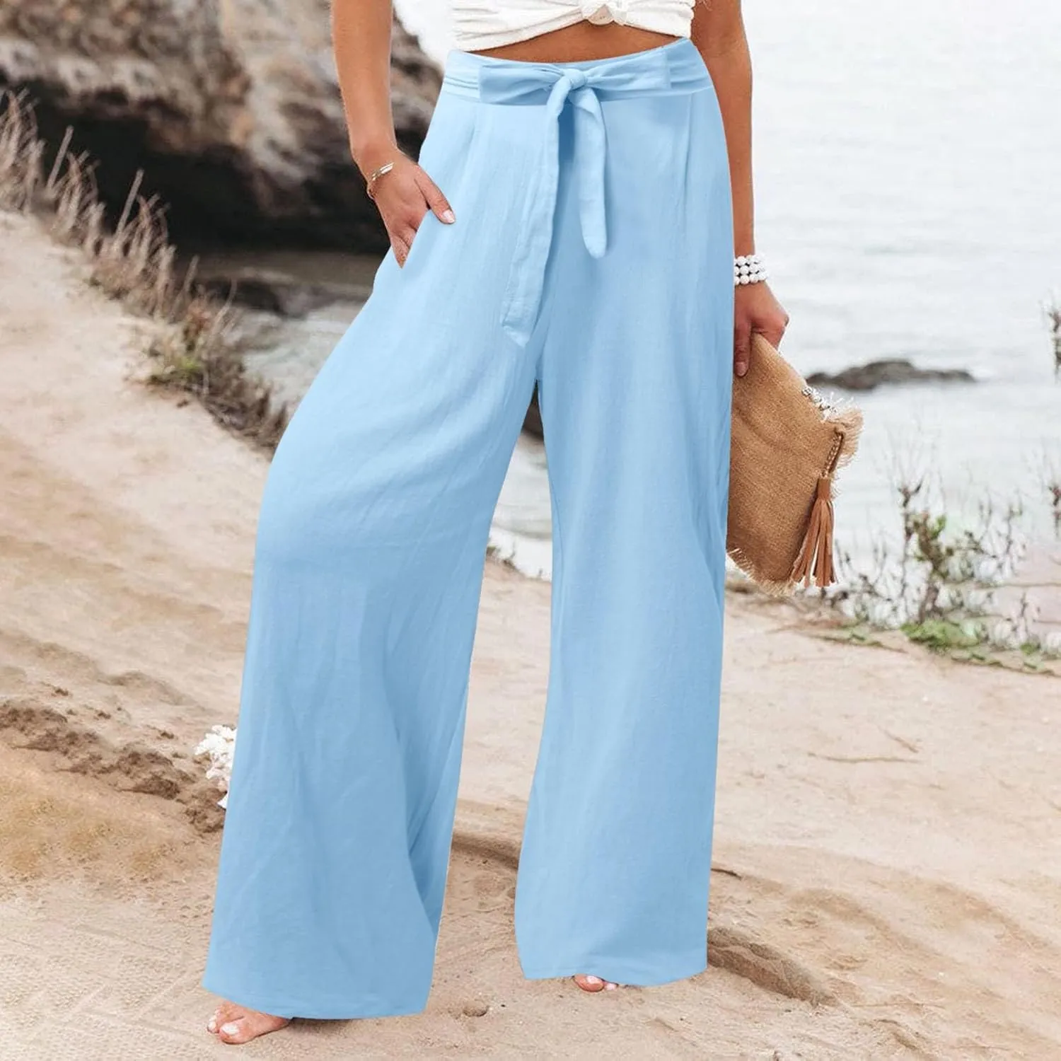 Women's Linen Summer Split Flowy Palazzo Lounge Pants Elastic Waisted Ankle Length Slim Fit Palazzo Lounge