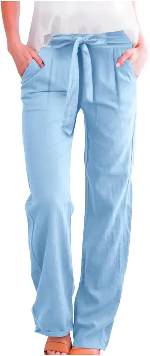 Women's Linen Summer Split Flowy Palazzo Lounge Pants Elastic Waisted Ankle Length Slim Fit Palazzo Lounge