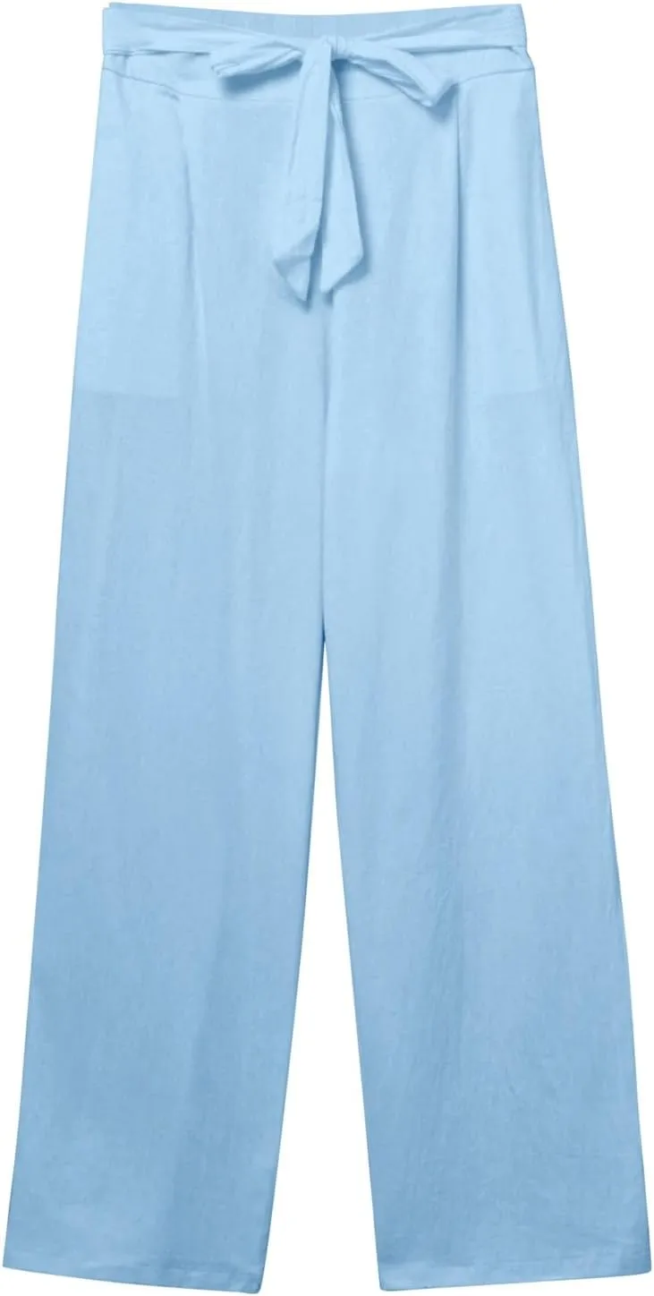 Women's Linen Summer Split Flowy Palazzo Lounge Pants Elastic Waisted Ankle Length Slim Fit Palazzo Lounge