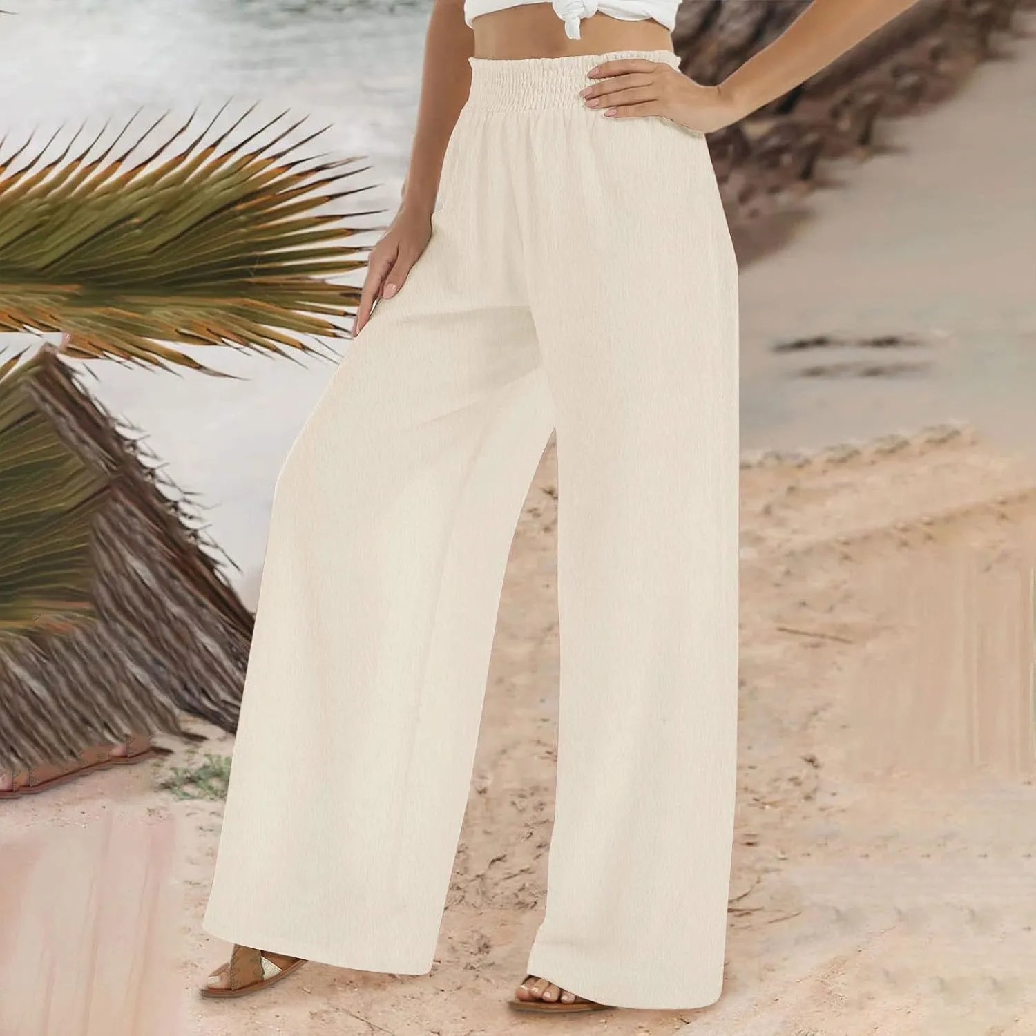 Women's Linen Wide Leg Pants Summer Boho High Waist Palazzo Lounge Pant Trousers Elastic Waist Beach Travel Outfits