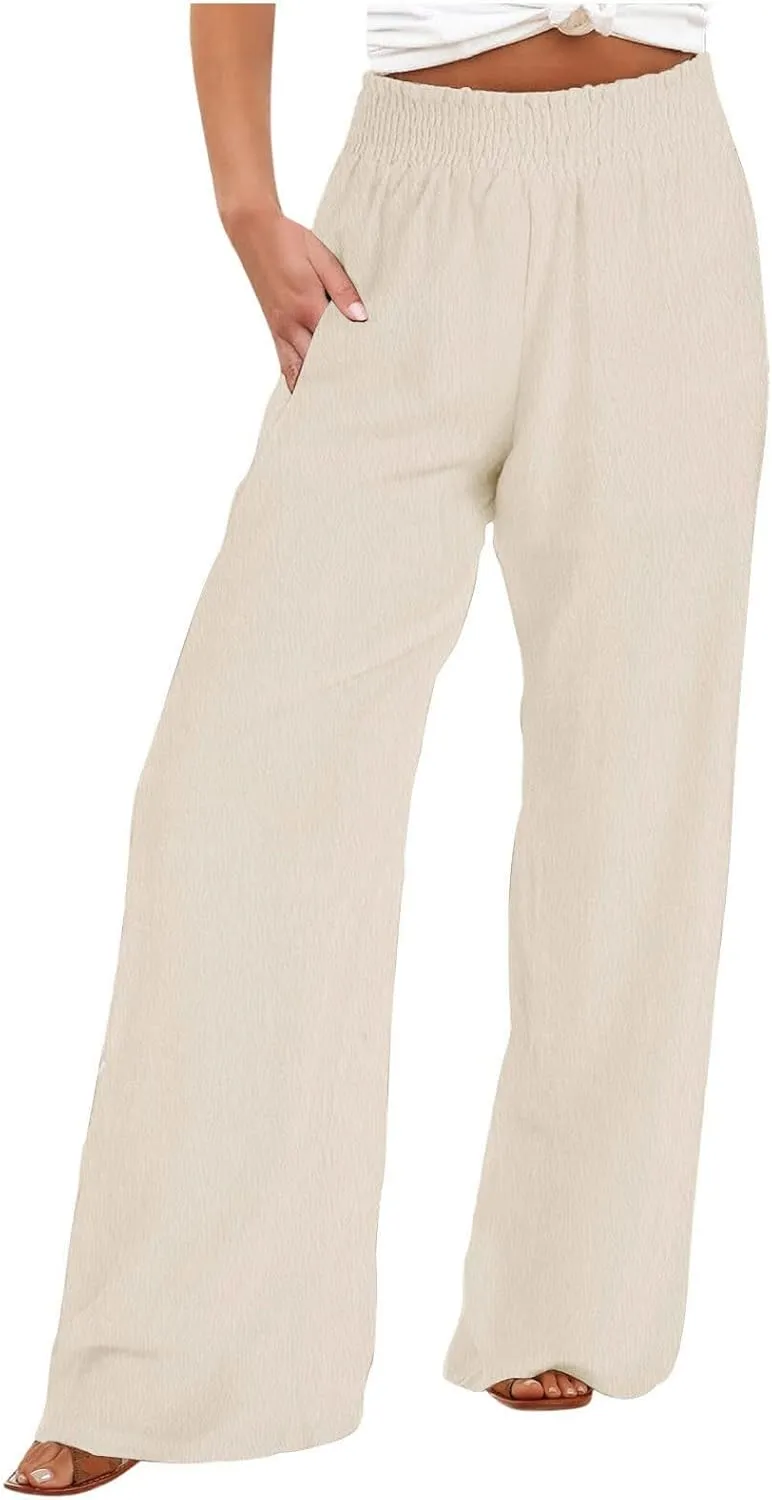 Women's Linen Wide Leg Pants Summer Boho High Waist Palazzo Lounge Pant Trousers Elastic Waist Beach Travel Outfits