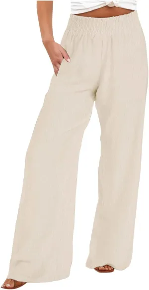 Women's Linen Wide Leg Pants Summer Boho High Waist Palazzo Lounge Pant Trousers Elastic Waist Beach Travel Outfits