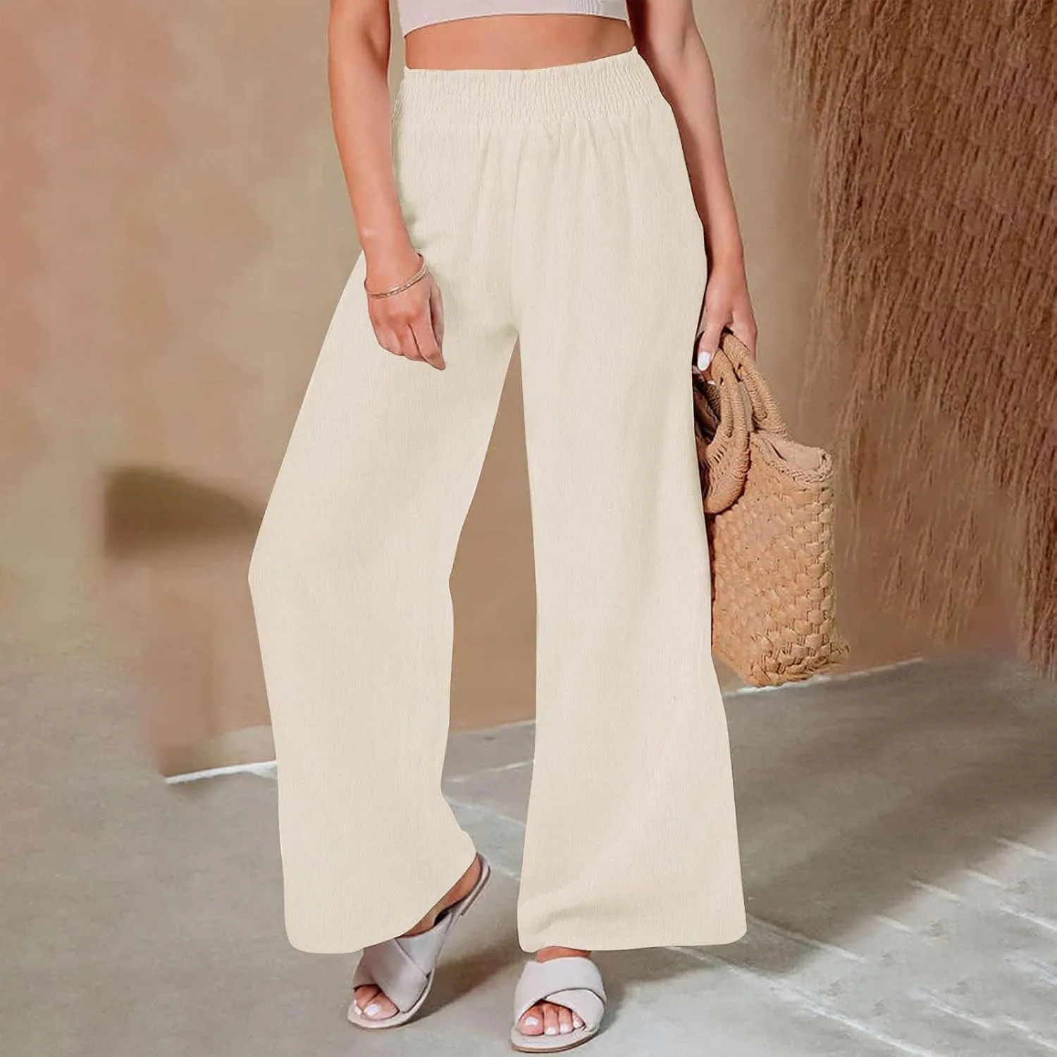 Women's Linen Wide Leg Pants Summer Boho High Waist Palazzo Lounge Pant Trousers Elastic Waist Beach Travel Outfits